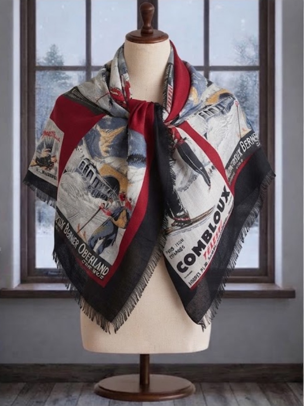 Vintage Ski Travel Poster Scarf Chamonix Combloux Made in Italy